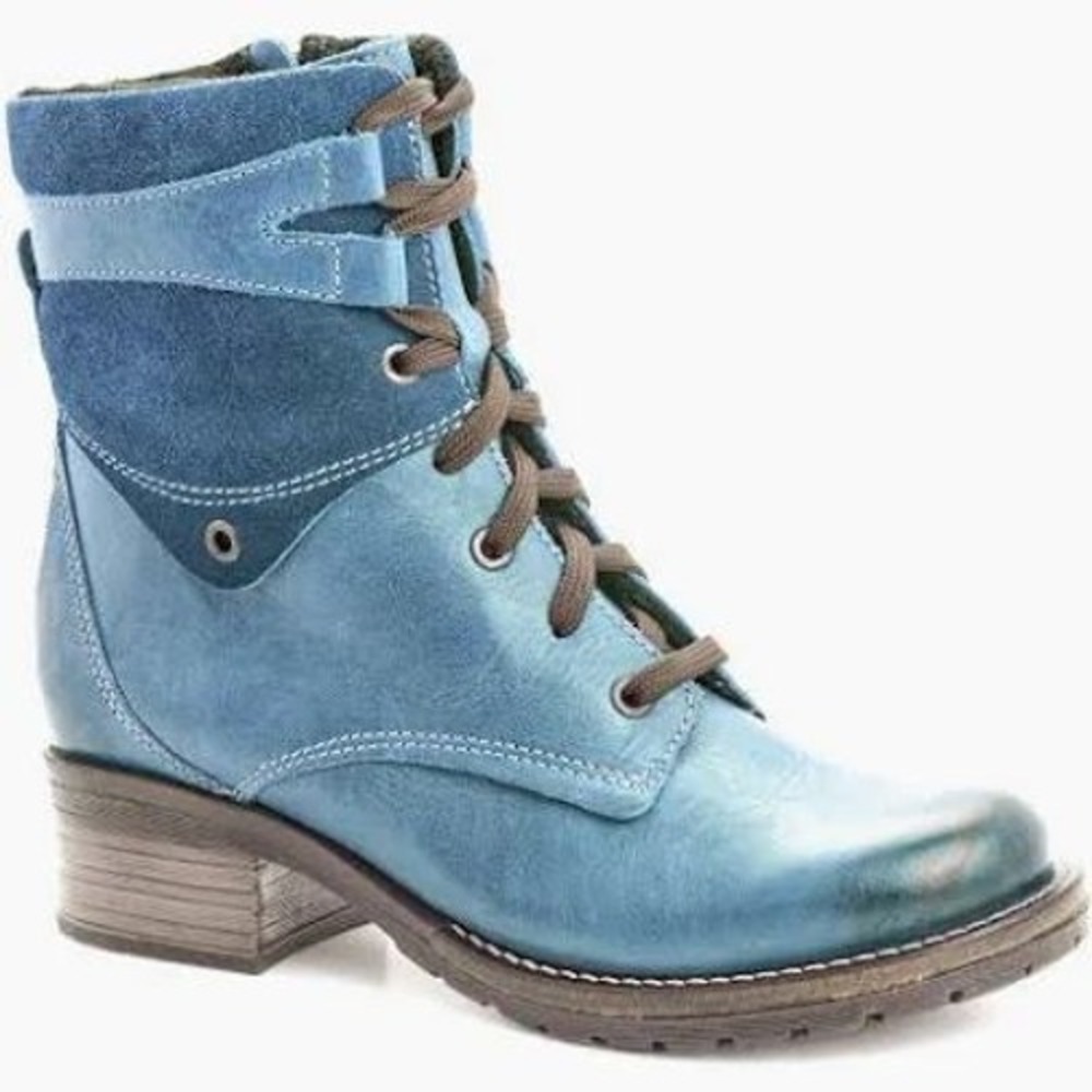 Dromedaris Kara Teal Leather Suede Lace Up Ankle Combat Boots Size 38/US 8